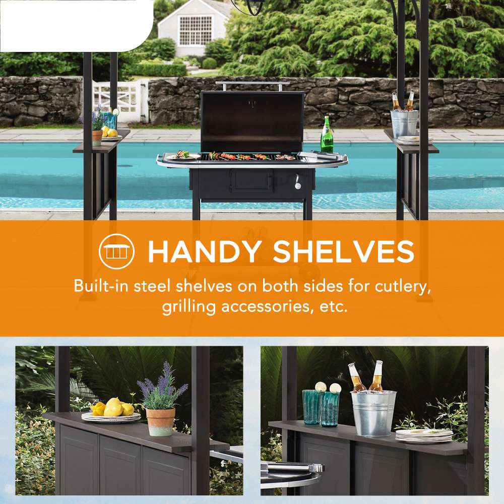 Mazonvintage 5x8 Backyard Hardtop Grill Gazebo with Ceiling Hook and Bar Shelves