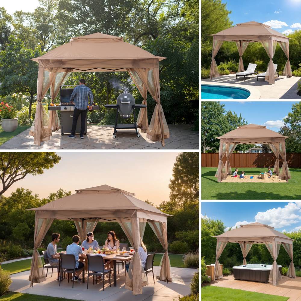 Mazonvintage 11x11 Pop Up Gazebo Tent with Netting and Carry Bag - Khaki