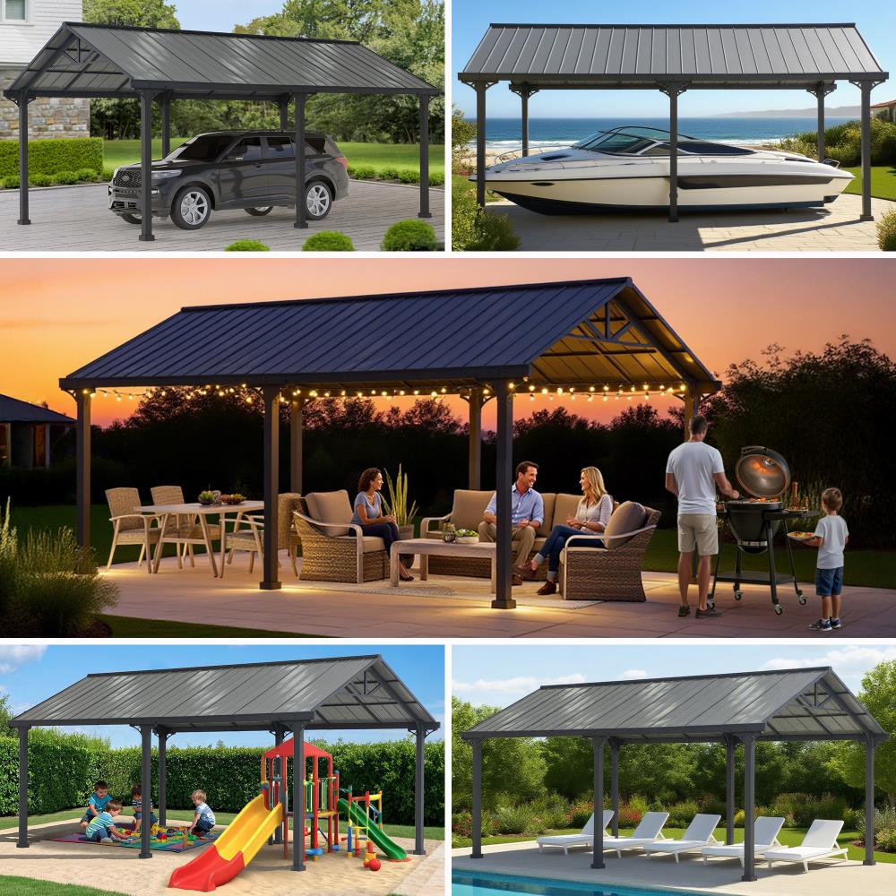 Mazonvintage 12x20 Metal Carport Gable Roof Gazebo with 2 Ceiling Hooks