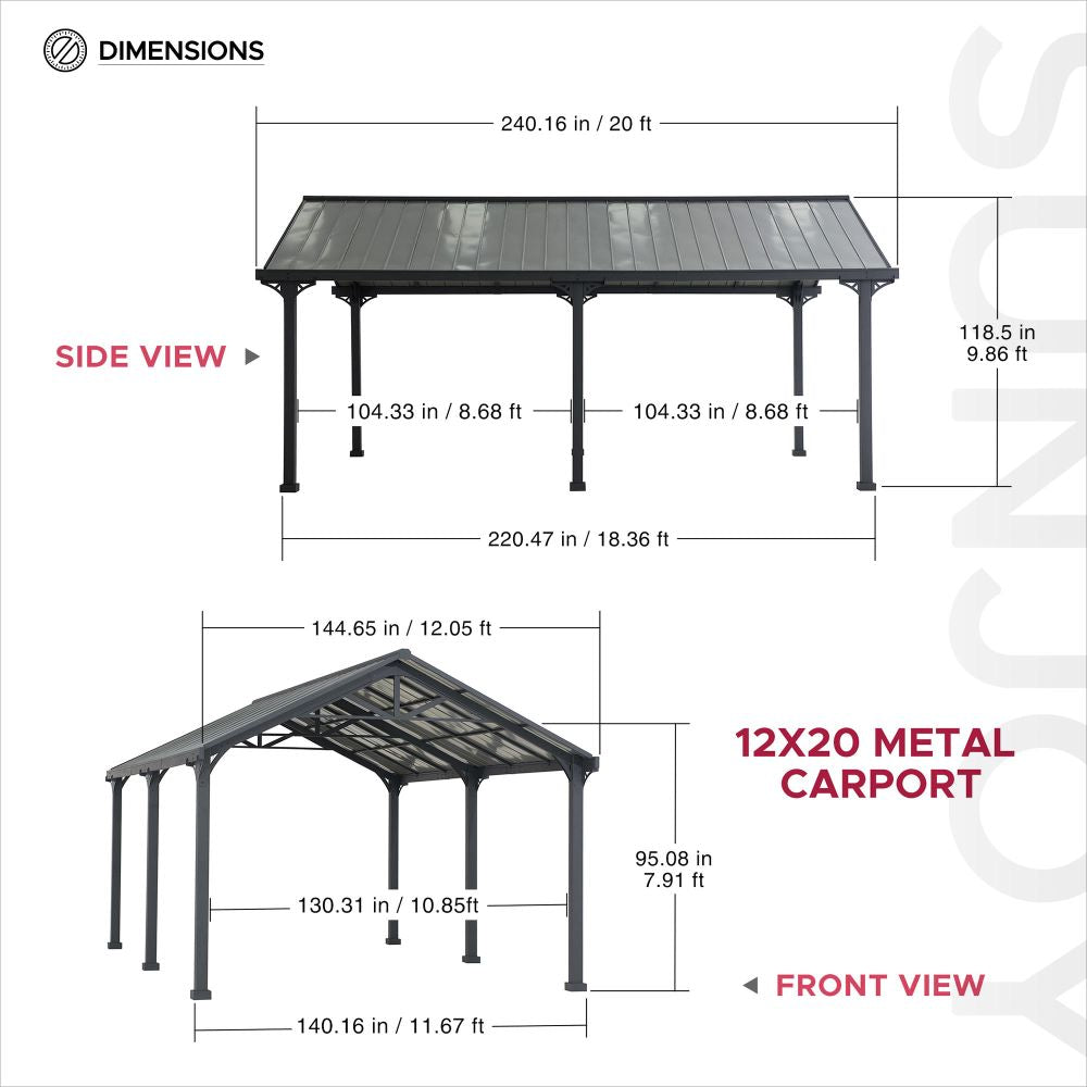 Mazonvintage 12x20 Metal Carport Gable Roof Gazebo with 2 Ceiling Hooks