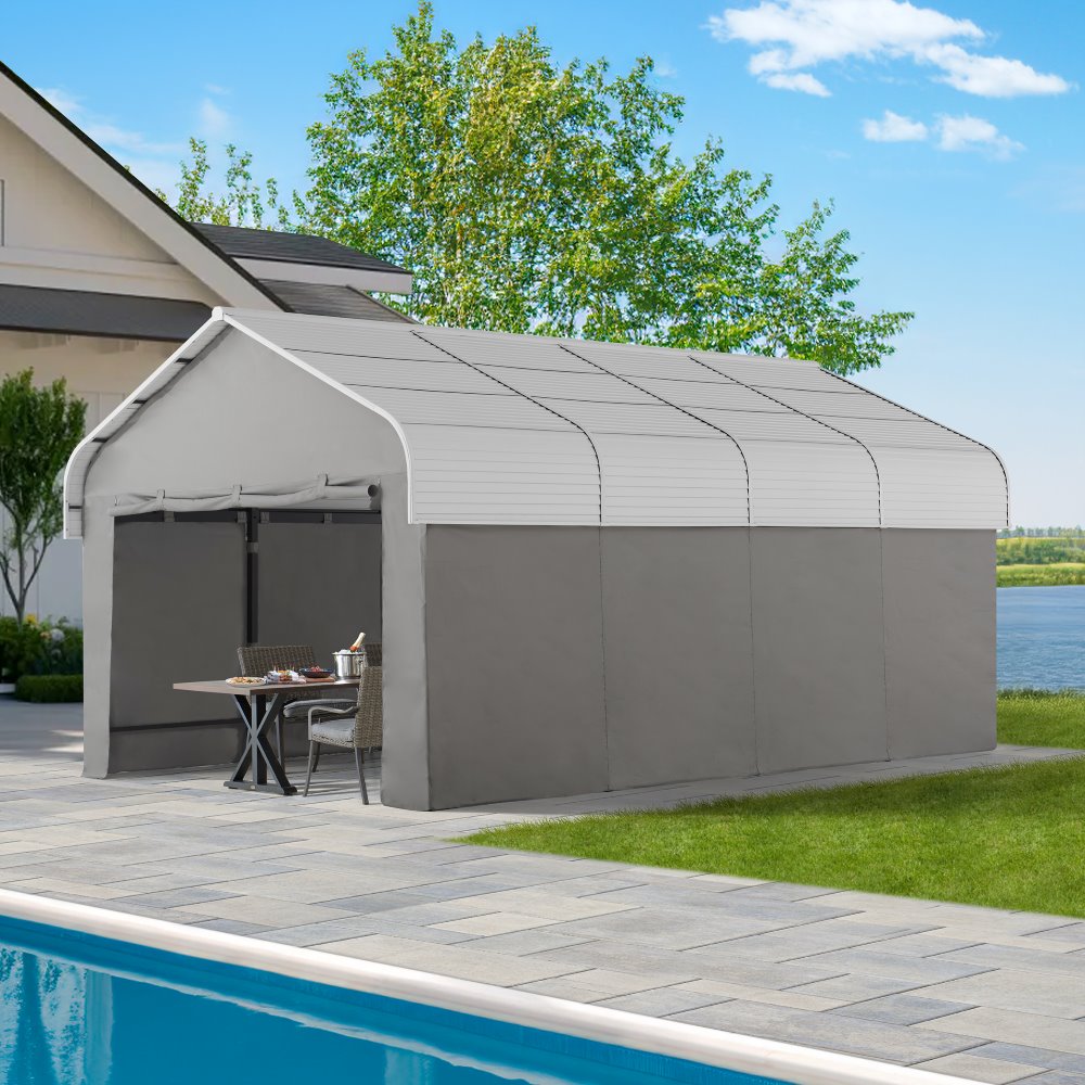 Mazonvintage 12x20 Enclosed Carport Kit Metal Roof Gazebo with Fabric Cover