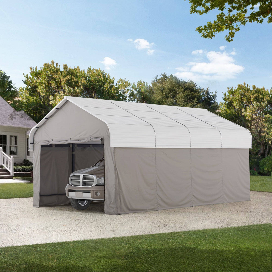 Mazonvintage 12x20 Enclosed Carport Kit Metal Roof Gazebo with Fabric Cover
