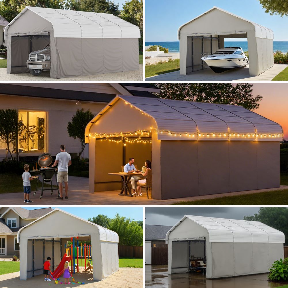 Mazonvintage 12x20 Enclosed Carport Kit Metal Roof Gazebo with Fabric Cover