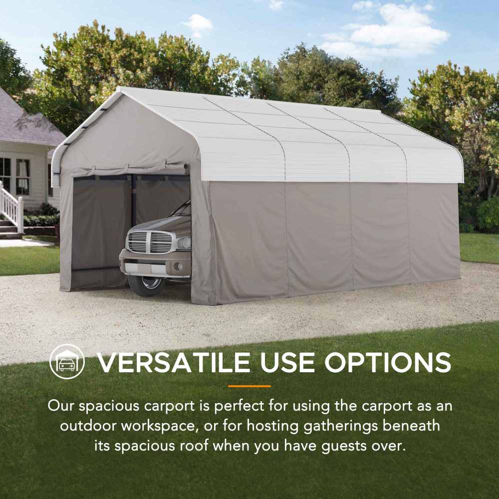 Mazonvintage 12x20 Enclosed Carport Kit Metal Roof Gazebo with Fabric Cover