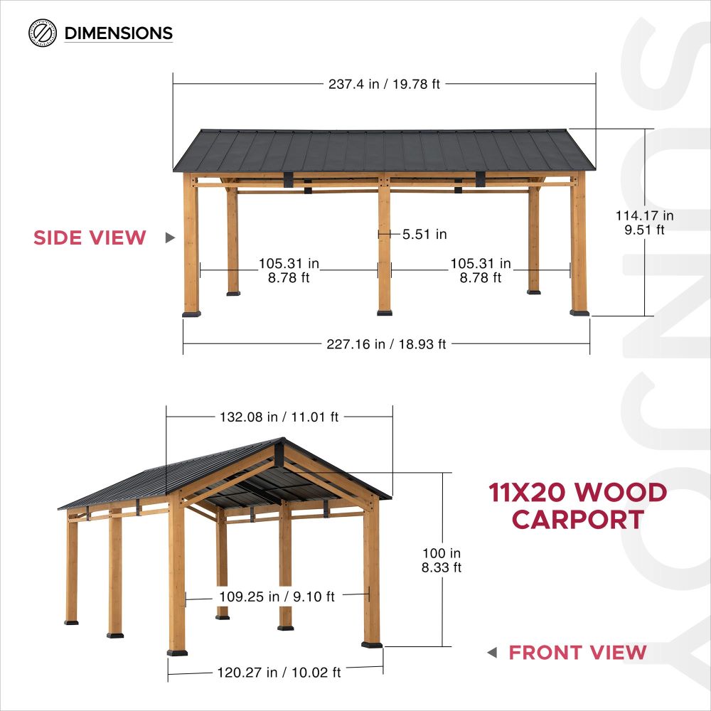 Mazonvintage 11x20 Wood Carport Gazebo Kits with Ceiling Hooks - Standard