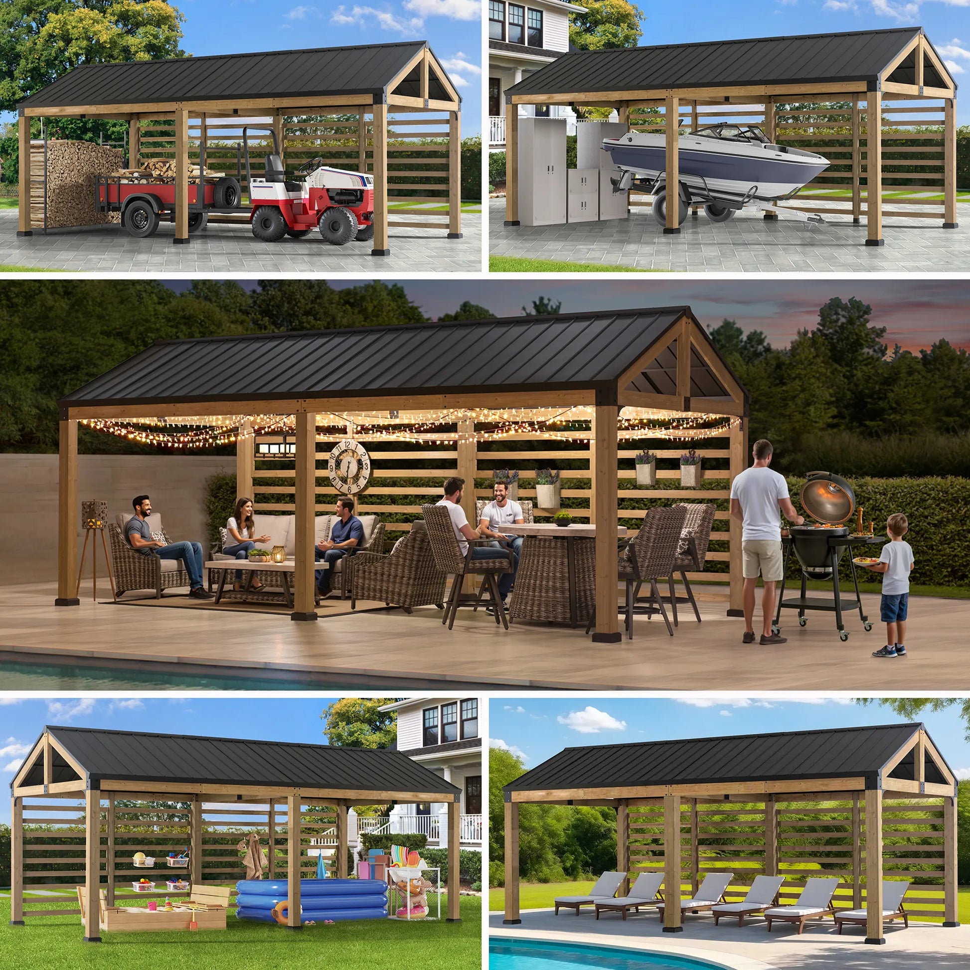 MazonvintageNewville 10x20 Wood Carport with Privacy Wall and Rain Gutter