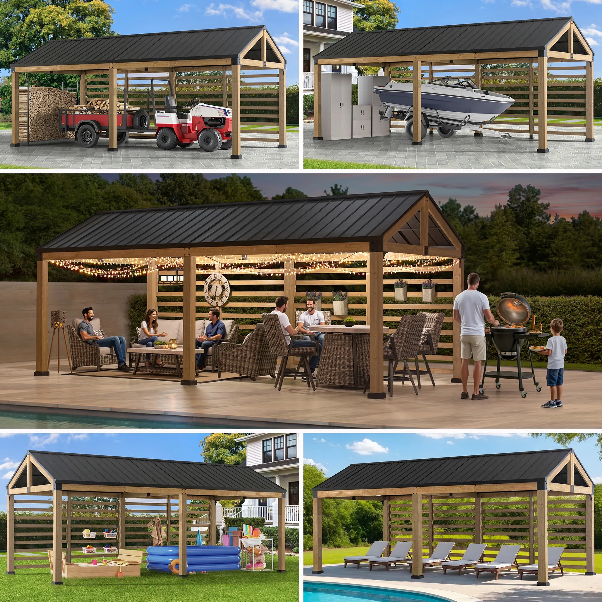 MazonvintageNewville 10x20 Wood Carport with Privacy Wall and Rain Gutter