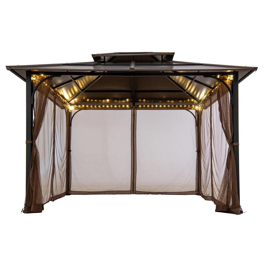 Mazonvintage 10x12 Cedar Wood Gazebo with Galvanized Steel Roof, LED String Lights & Mosquito Netting - Black