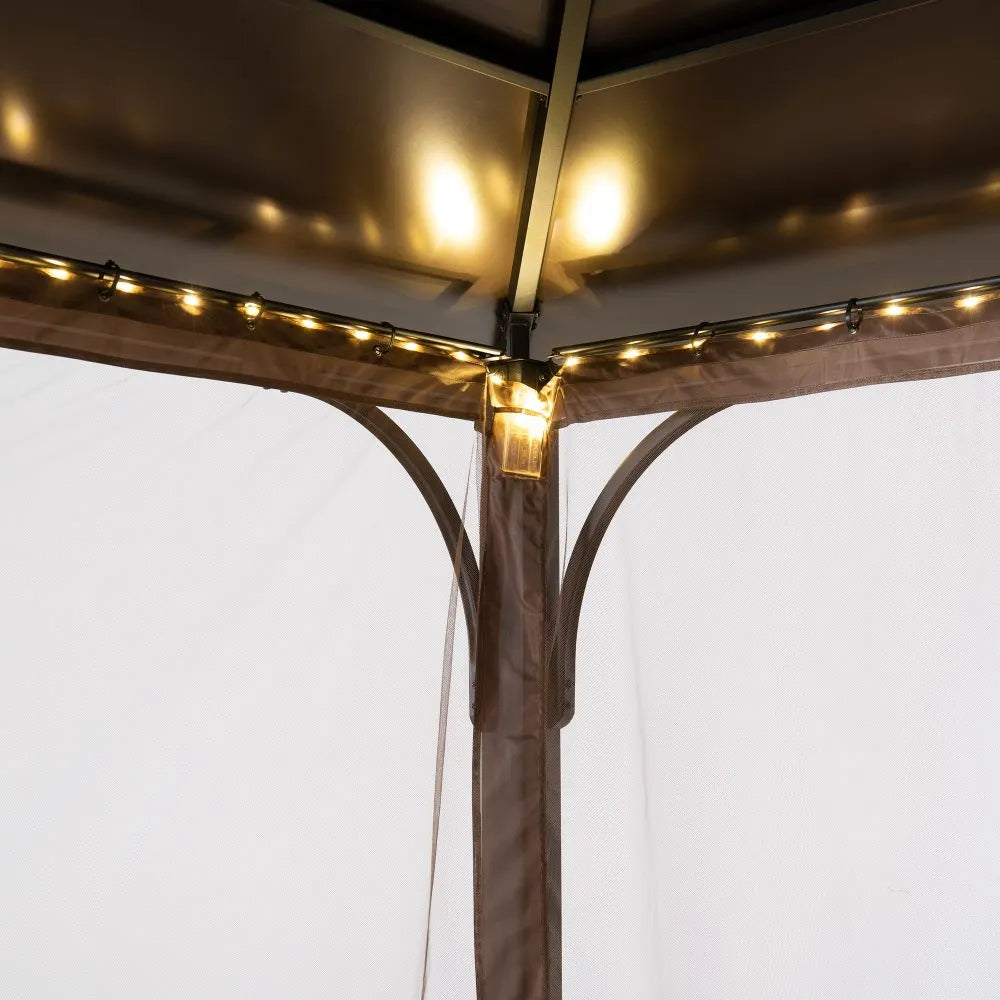 Mazonvintage 10x12 Cedar Wood Gazebo with Galvanized Steel Roof, LED String Lights & Mosquito Netting - Black