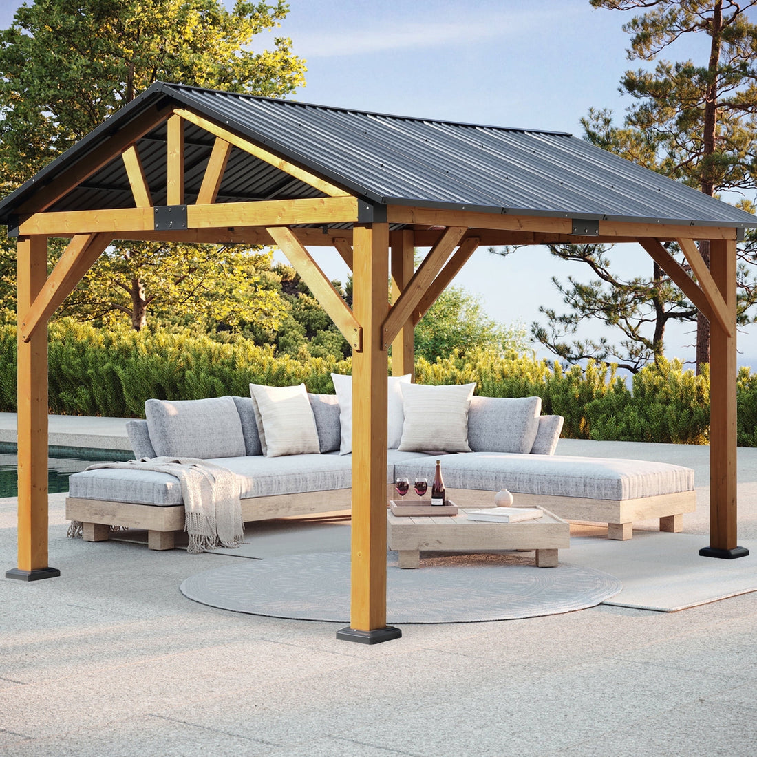 Homefun Fir Wood Carport Pavilion All Weather Hardtop Galvanized Steel Roof Heavy Duty Gazebo Backyard Patio Garden Shelter
