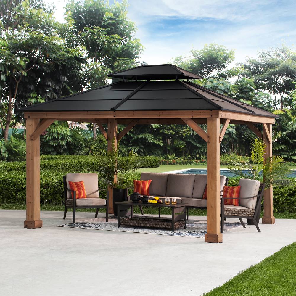 Mazonvintage 11x13 Cedar Hardtop Gazebo with Heavy-Duty Steel Roof & Ceiling Hook - Natural Cedar