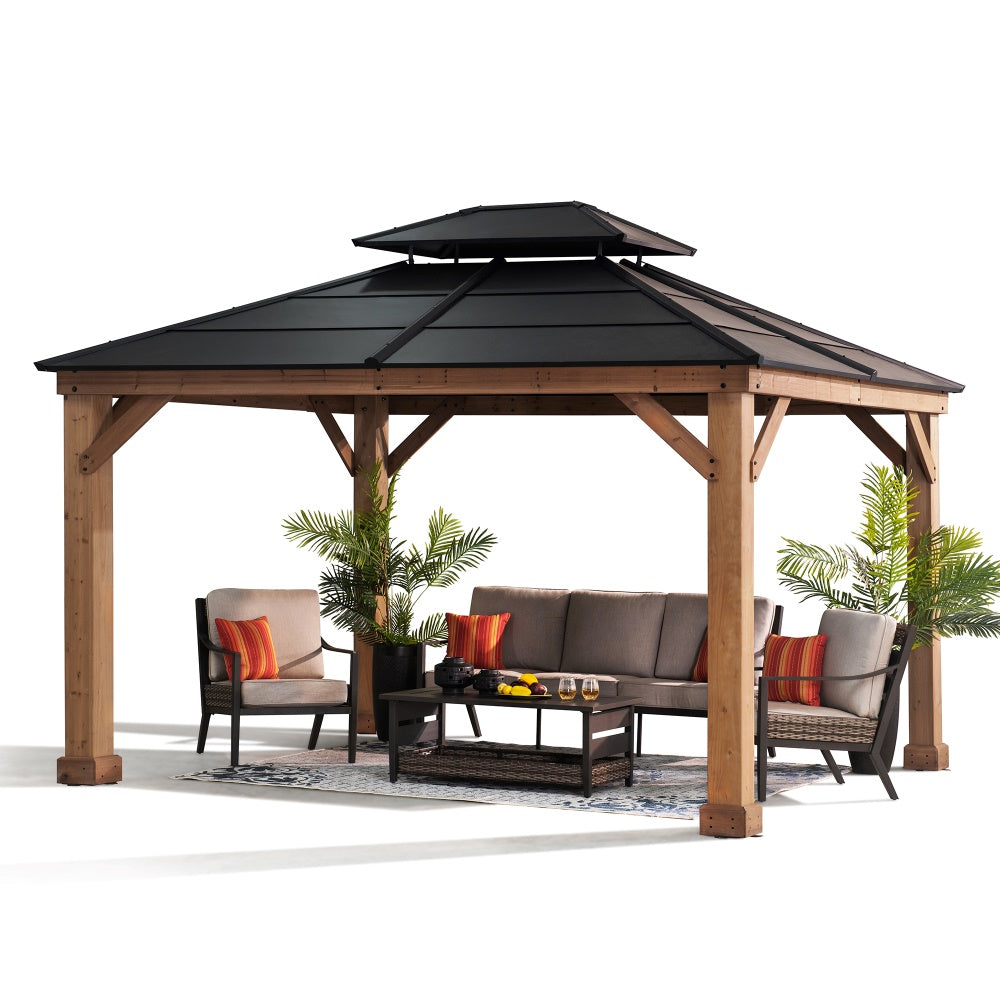 Mazonvintage 11x13 Cedar Hardtop Gazebo with Heavy-Duty Steel Roof & Ceiling Hook - Natural Cedar