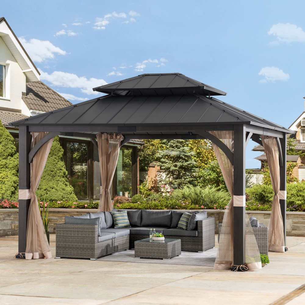 Mazonvintage 15x13 Hardtop Steel Gazebo with Netting, Ceiling Hook & Realistic Woodgrain Finish