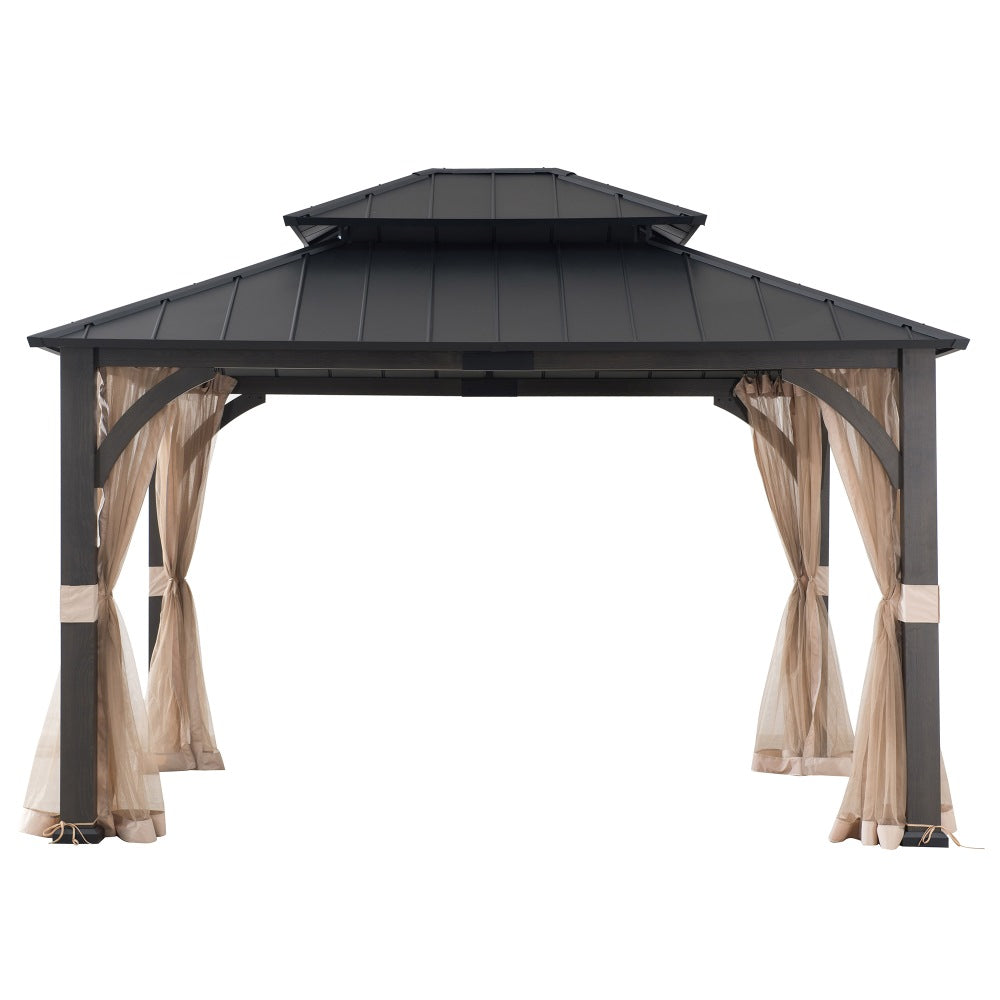 Mazonvintage 15x13 Hardtop Steel Gazebo with Netting, Ceiling Hook & Realistic Woodgrain Finish