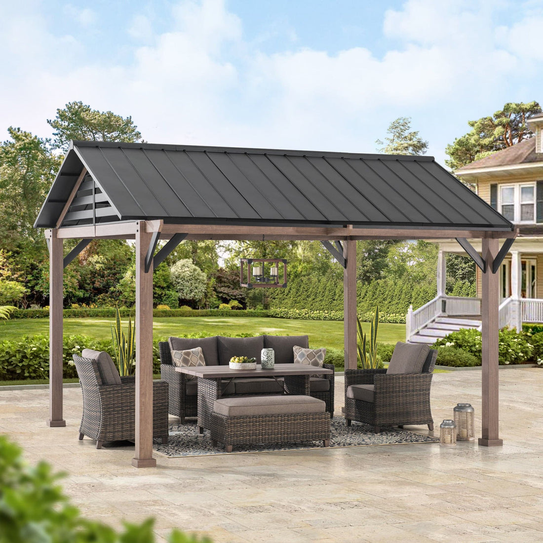 Mazonvintage 13x13 Black Steel Gazebo with Decorative Beam