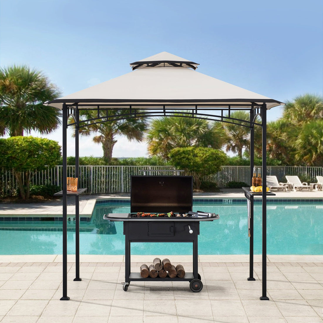 Mazonvintage 5x8 BBQ Grill Gazebo with Bar Shelves and Hooks - Beige & Black