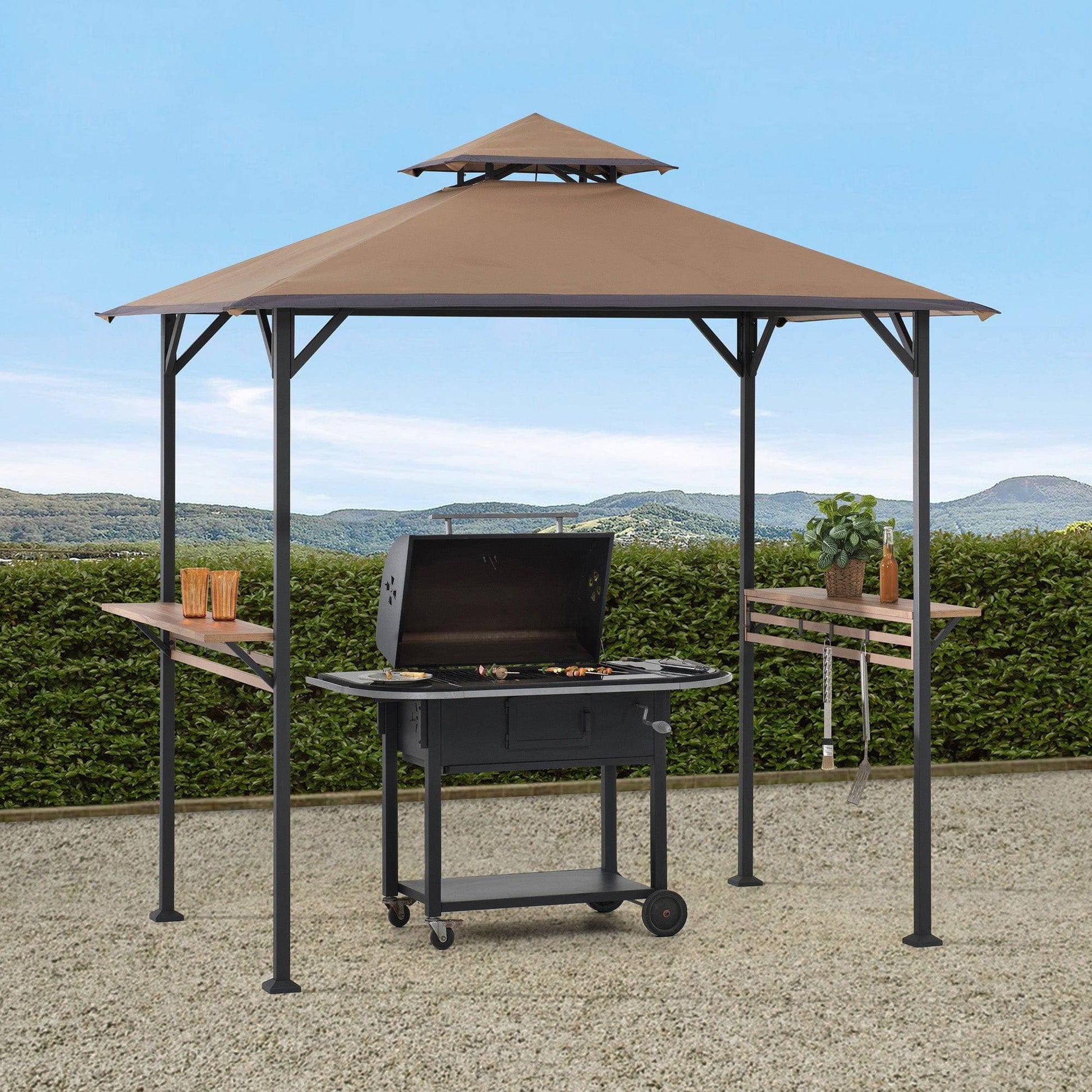 Mazonvintage Outdoor Patio 5x8 Khaki 2-Tier Steel Backyard Soft Top Grill Gazebo with Bar Shelves and Hooks