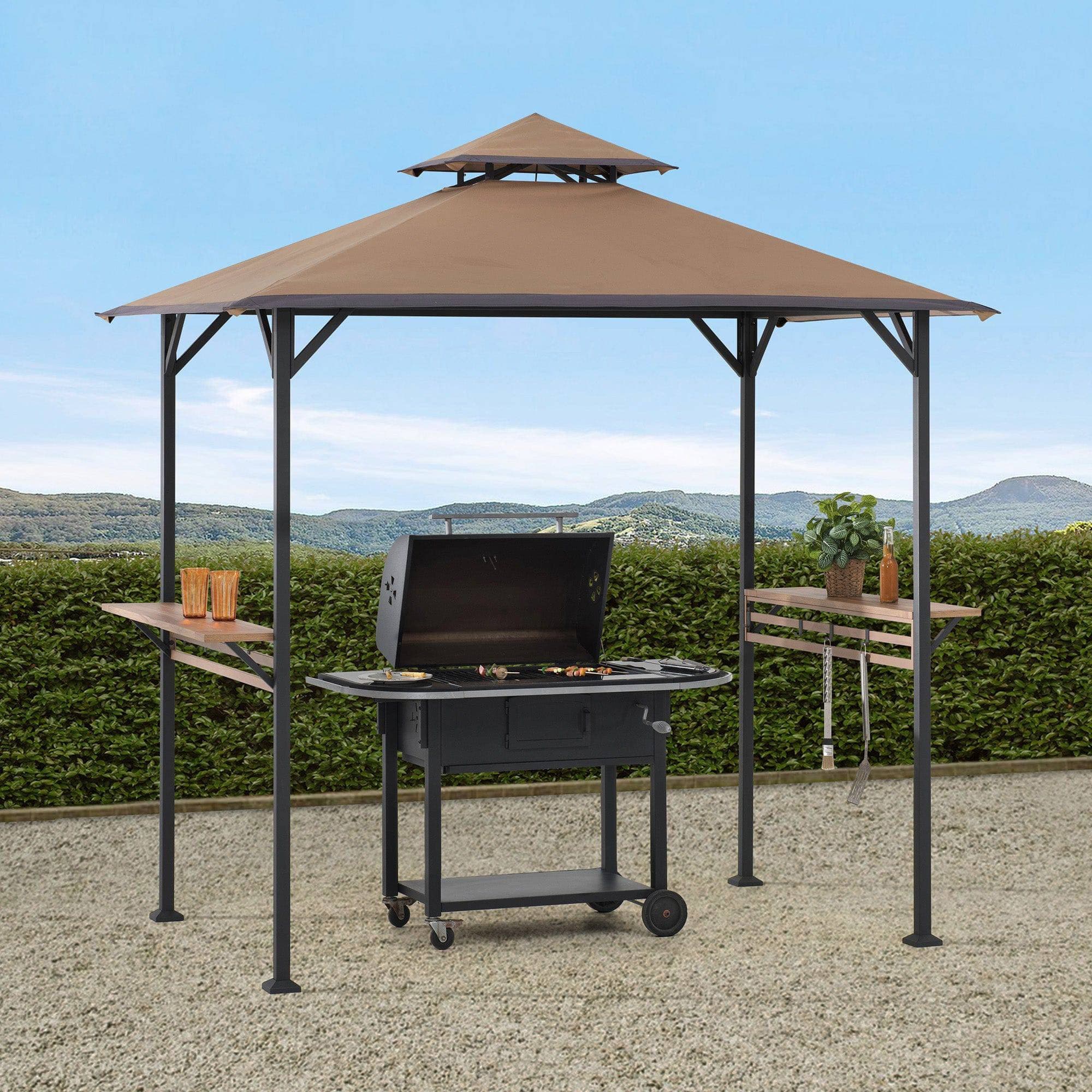 Mazonvintage Outdoor Patio 5x8 Khaki 2-Tier Steel Backyard Soft Top Grill Gazebo with Bar Shelves and Hooks