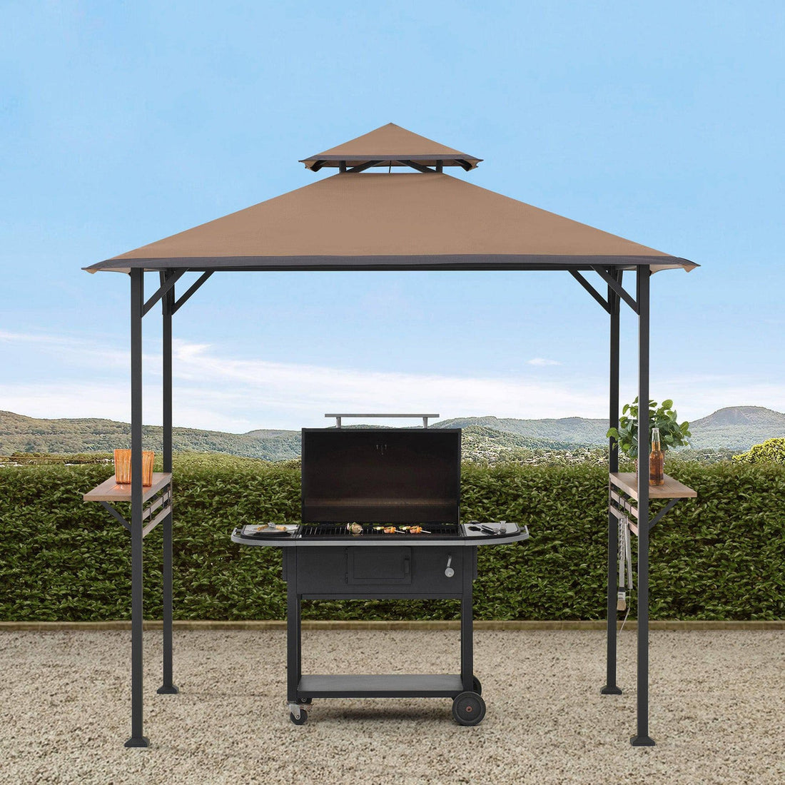 Mazonvintage Outdoor Patio 5x8 Khaki 2-Tier Steel Backyard Soft Top Grill Gazebo with Bar Shelves and Hooks