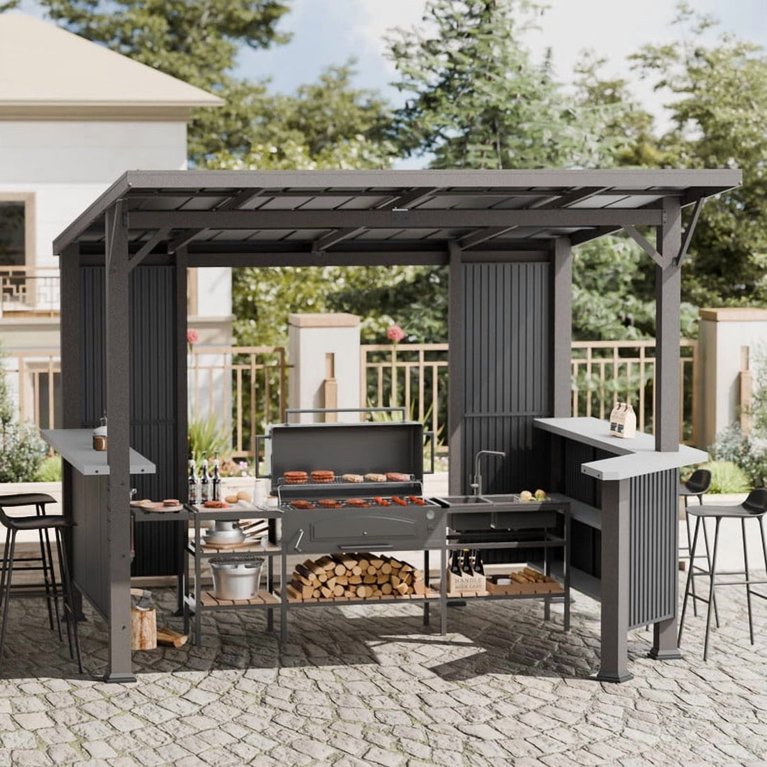 Mazonvintage 10' X 10' Outdoor Hardtop Grill Gazebo, Steel BBQ Gazebo with Multi-Tier Shelves Permanent & Independent Countertop for Patio Mazonvintage Lawn Garden (Dark)
