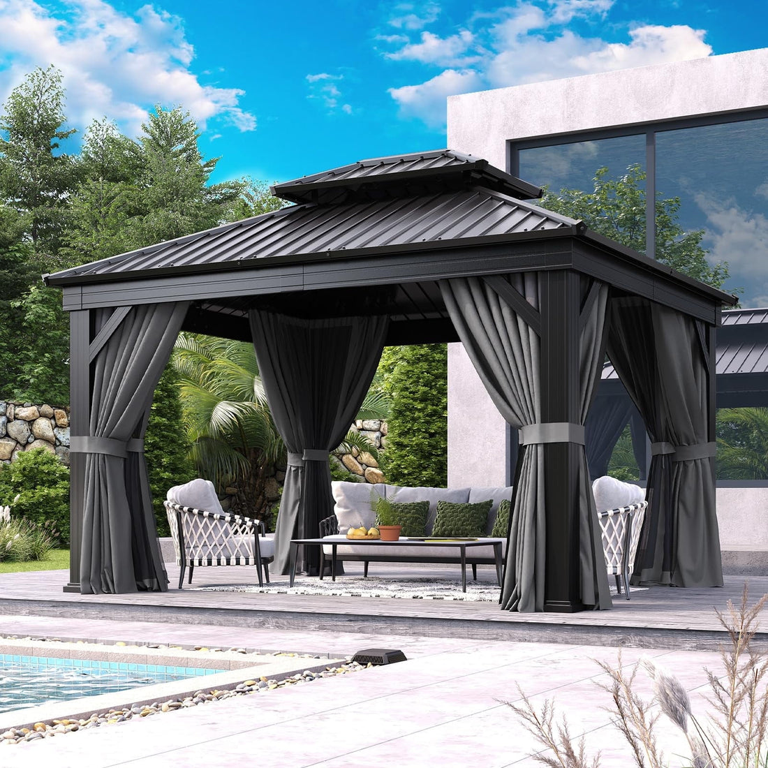 Mazonvintage 10' X 12' Hardtop Gazebo, Aluminum Outdoor Gazebo with Galvanized Steel Double Roof Canopy, Permanent Metal Gazebo with Privacy Curtain and Netting, for Garden, Backyard, Deck