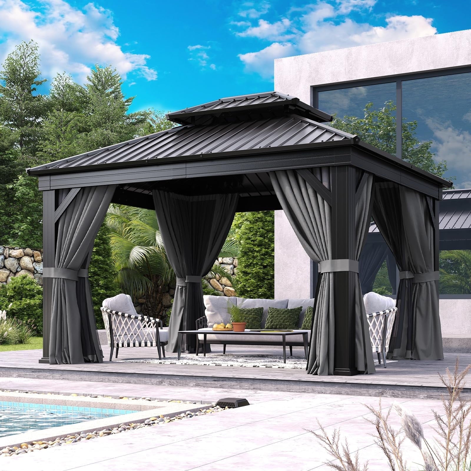 Mazonvintage 10' X 12' Hardtop Gazebo, Aluminum Outdoor Gazebo with Galvanized Steel Double Roof Canopy, Permanent Metal Gazebo with Privacy Curtain and Netting, for Garden, Backyard, Deck