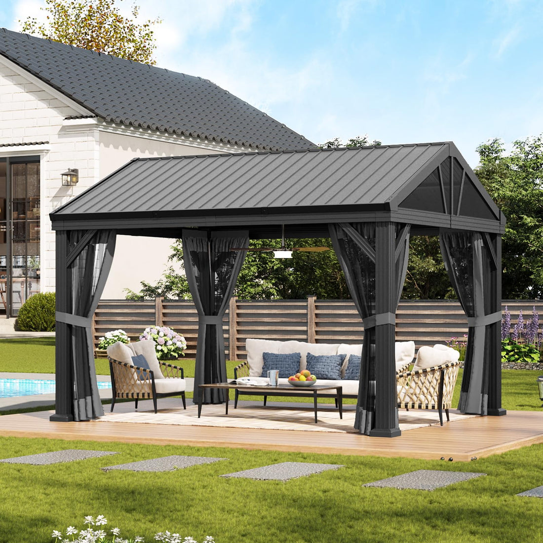 Mazonvintage 10' X 12' Hardtop Gazebo, Aluminum Outdoor Gazebo with Galvanized Steel Gable Roof Canopy, Patio Permanent Metal Gazebo Pavilion with Netting, for Garden, Backyard, Deck