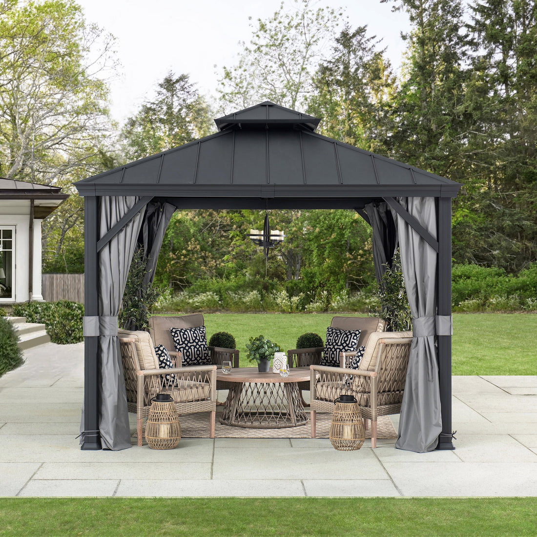 Mazonvintage 10 ft. x 10 ft. Mazonvintage Gazebo, Outdoor Patio Aluminum Frame Gazebo with 2-Tier Steel Mazonvintage Backyard Gazebo with Netting, Curtain, and Ceiling Hook