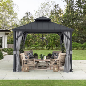 Mazonvintage 10 ft. x 10 ft. Mazonvintage Gazebo, Outdoor Patio Aluminum Frame Gazebo with 2-Tier Steel Mazonvintage Backyard Gazebo with Netting, Curtain, and Ceiling Hook