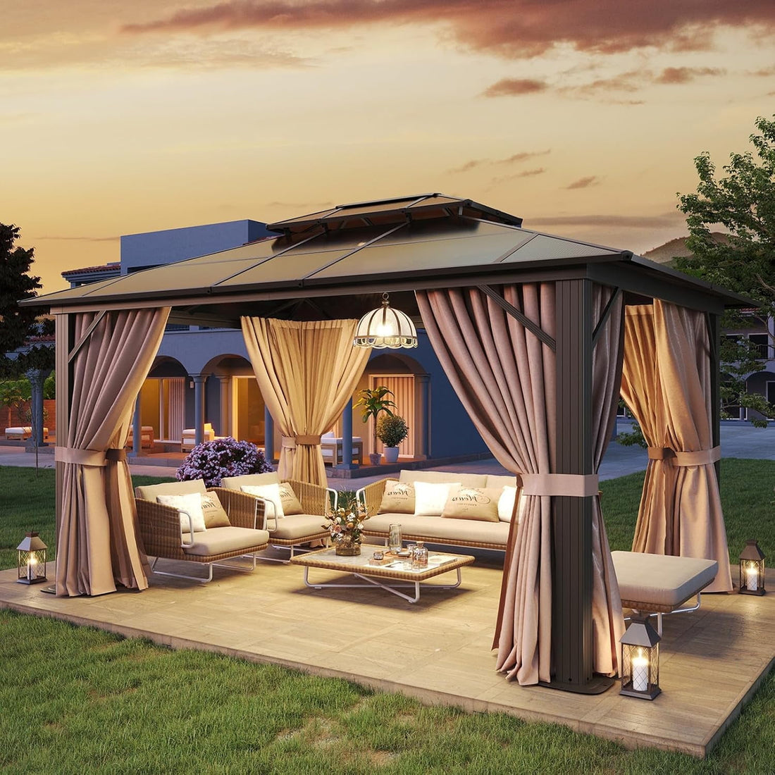 Mazonvintage 10 ft. x 12 ft. Hardtop Gazebo, Double Polycarbonate Roof Aluminum Frame Gazebo W/Curtain and Netting, Brown