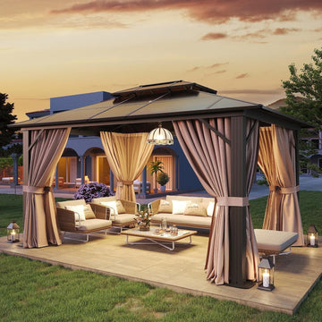 Mazonvintage 10 ft. x 12 ft. Hardtop Gazebo, Double Polycarbonate Roof Aluminum Frame Gazebo W/Curtain and Netting, Brown