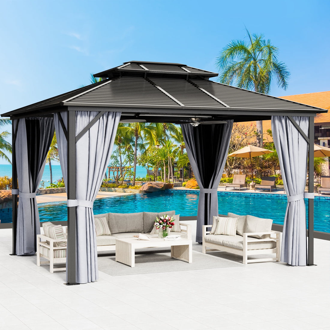 Mazonvintage 10 ft. x 12 ft. Outdoor Hardtop Gazebo, Galvanized Steel Double Roof Gazebo with Curtain and Netting, Gray