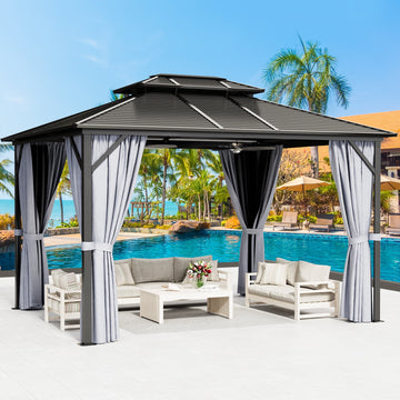 Mazonvintage 10 ft. x 12 ft. Outdoor Hardtop Gazebo, Galvanized Steel Double Roof Gazebo with Curtain and Netting, Gray