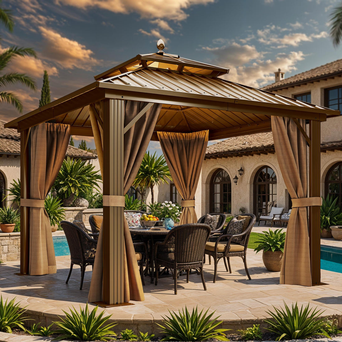 Mazonvintage 10' x 10' Double Roof Gazebo: Heavy Duty Galvanized Steel wit Netting and Curtains in Bronze