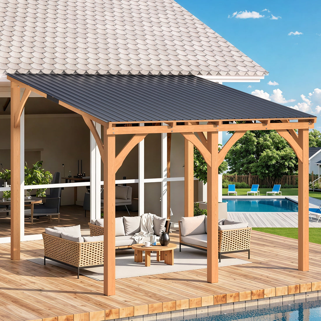 Mazonvintage 10' x 10' Wall-Mounted Outdoor Wood Gazebo, Hardtop Cedar Pergola with Heavy-Duty Awnings for Patio, Deck, Backyard