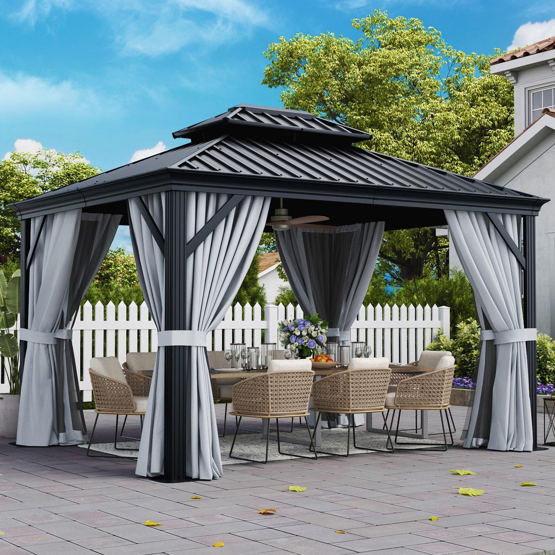 Mazonvintage 10' x 12' Hardtop Gazebo, Galvanized Steel Double Top, Permanent Aluminum Gazebo, Outdoor Metal Gazebo with Privacy Curtains and Mosquito Netting, for Parties, Gardens, Decks, Patios, Lawns
