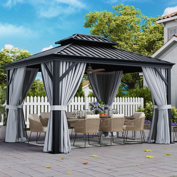 Mazonvintage 10' x 12' Hardtop Gazebo, Galvanized Steel Double Top, Permanent Aluminum Gazebo, Outdoor Metal Gazebo with Privacy Curtains and Mosquito Netting, for Parties, Gardens, Decks, Patios, Lawns