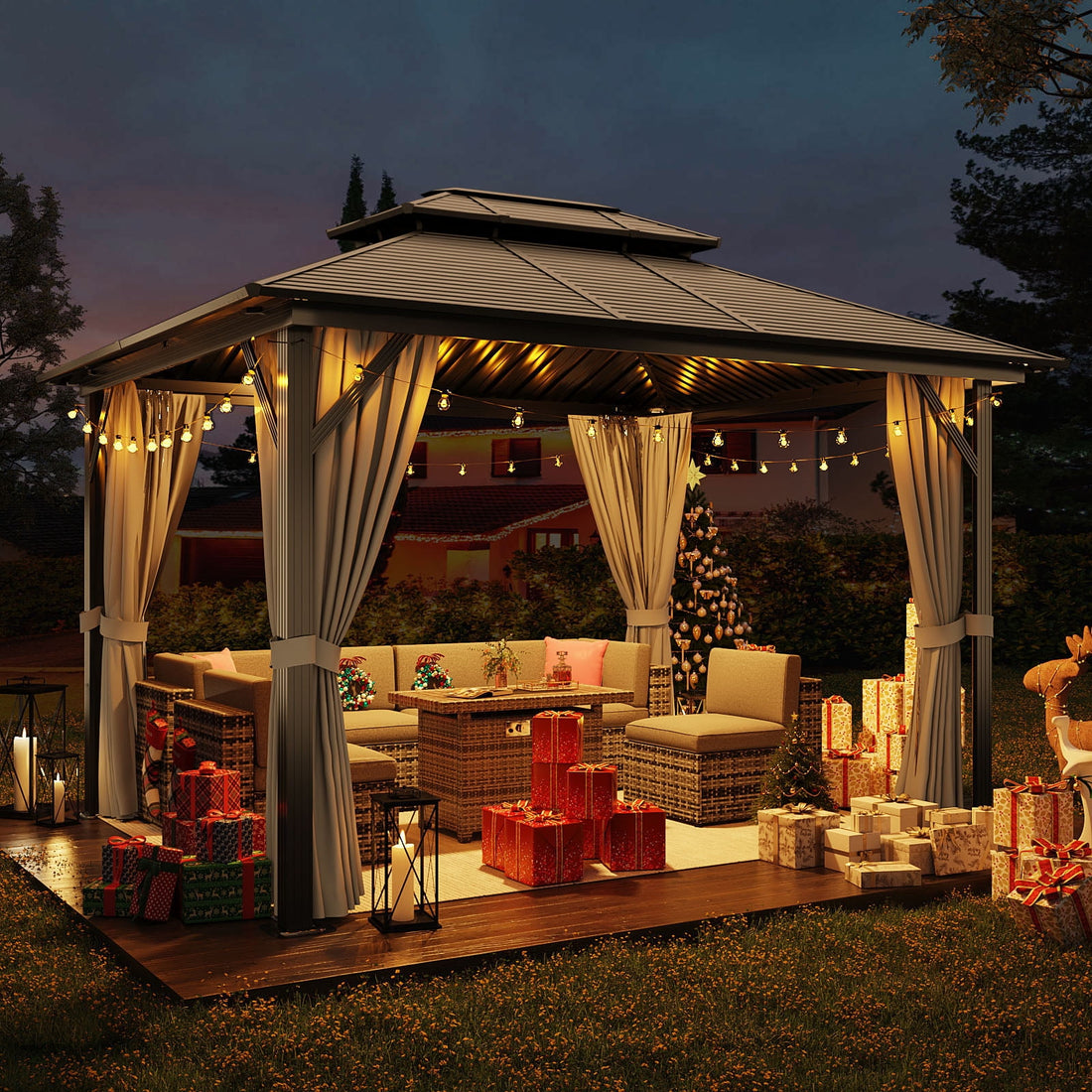 Mazonvintage 12' x 10' Double Roof Hardtop Gazebo, Aluminum Frame with Netting & Curtains