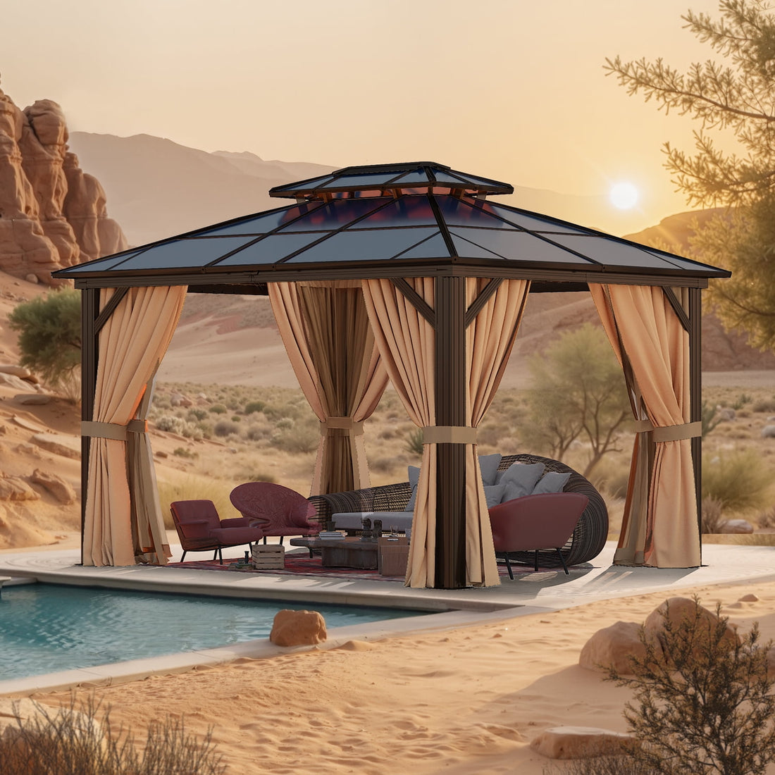 Mazonvintage 10' x 12'Hardtop Gazebo,Polycarbonate Double Roof,Aluminum Frame with Curtains and Netting for Patio,Garden,Brown