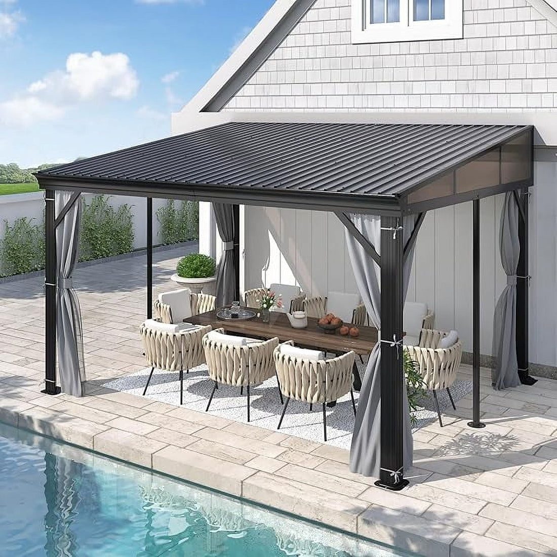 Mazonvintage 10' x 12' Lean to Mazonvintage Gazebo for Patio - Aluminum Frame Gazebos Pergola with Sloping Metal Roof, Outdoor Wall-Mounted Canopy Awnings to House for Patio, Garden, Lawn, Backyard Deck