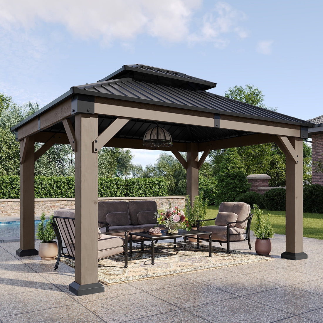 Mazonvintage 10' x 12' Outdoor Wood Gazebo, Hardtop Gazebo Permanent Wooden Pavilion with Galvanized Steel Double Roof, for Patio, Garden, Deck, Cedar Wood