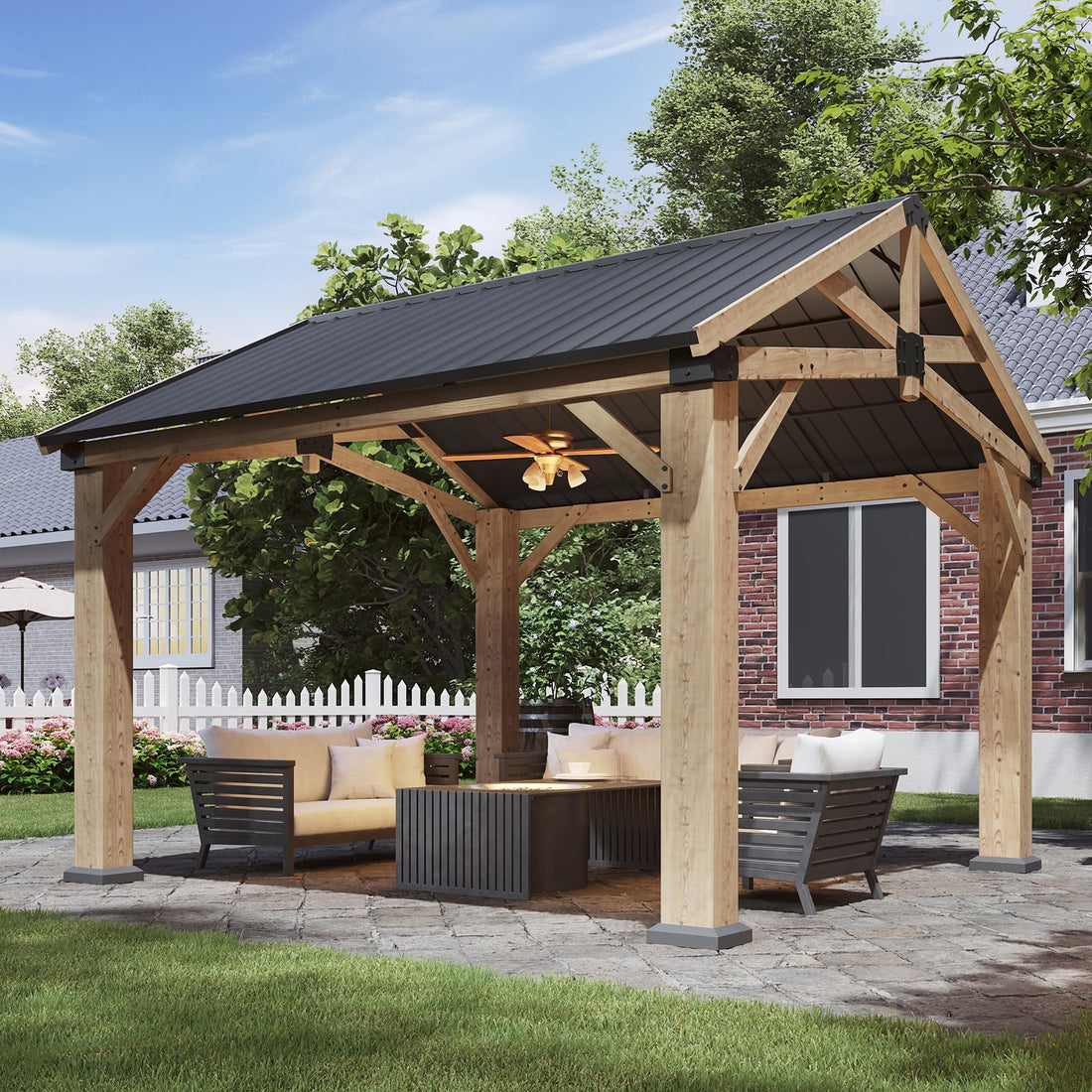 Mazonvintage 10' x 12' Outdoor Wood Gazebo, Hardtop Gazebo Permanent Wooden Pavilion with Galvanized Steel Gable Roof, for Patio, Garden, Deck, Cedar Wood