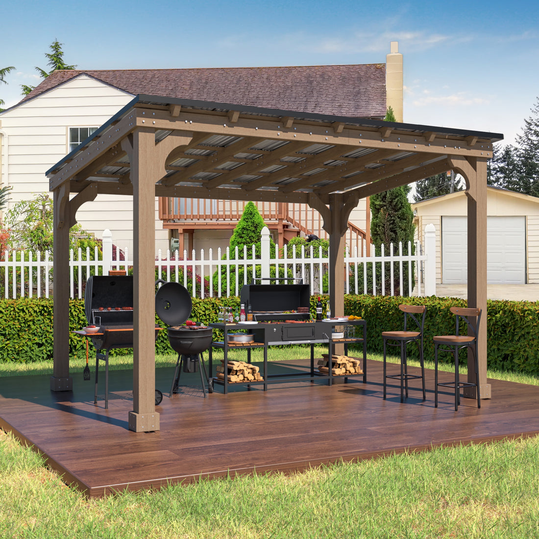 Mazonvintage 10'x 12' Outdoor Wooden Grill Gazebo, Heavy Duty BBQ Pergola for Deck, Garden and Patio