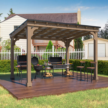 Mazonvintage 10'x 12' Outdoor Wooden Grill Gazebo, Heavy Duty BBQ Pergola for Deck, Garden and Patio