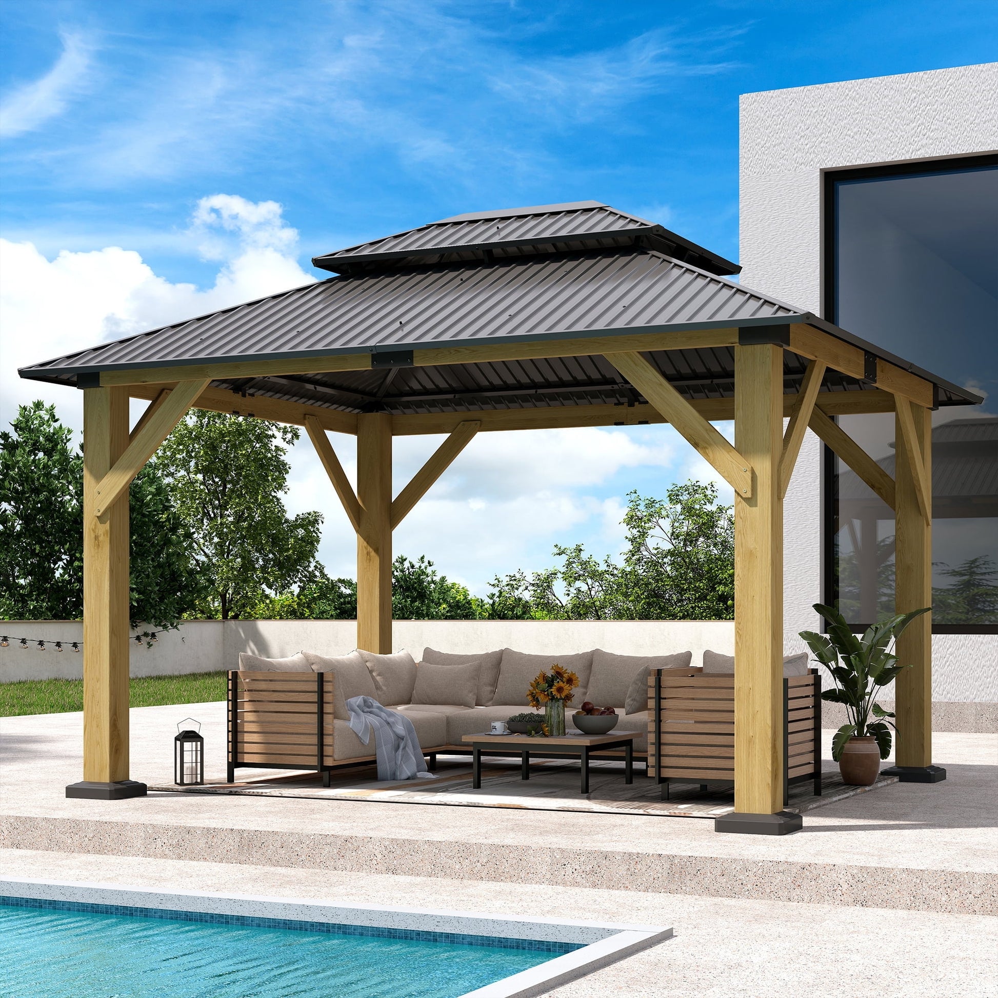 Mazonvintage 10 x 12 ft. Outdoor Wooden Mazonvintage Gazebo, Galvanized Steel Double Roof Gazebo for Patio, Mazonvintage, Deck, Lawns