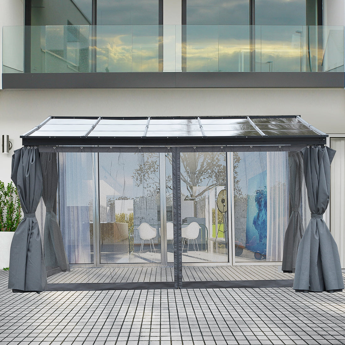 Mazonvintage 10' x 13' Outdoor Patio Gazebo with Sloping Polycarbonate Roof, Durable Aluminum Frame, & Netting Curtain