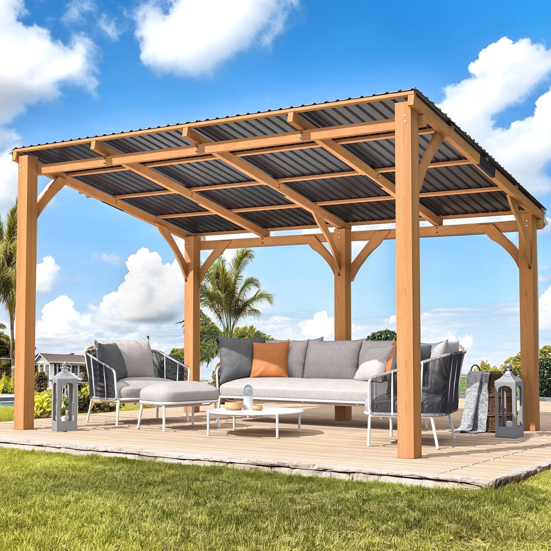 Mazonvintage 10' x 14' Wood Gazebo, Outdoor Heavy Duty Wooden Pergola on Clearance, Patio Lean to Mazonvintage Awnings