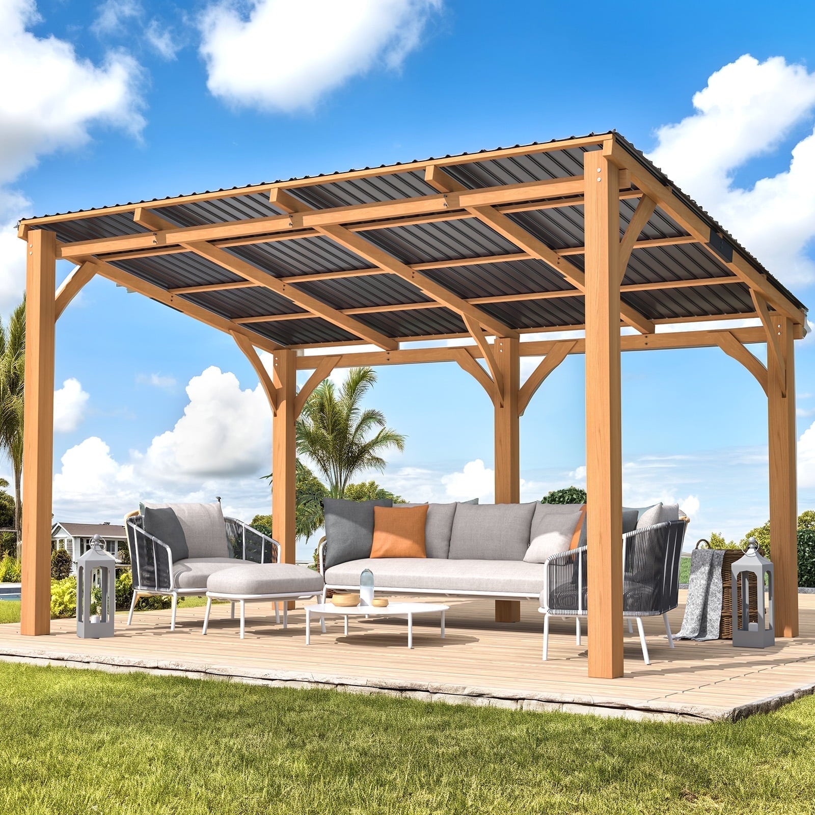 Mazonvintage 10' x 14' Wood Gazebo, Outdoor Heavy Duty Wooden Pergola on Clearance, Patio Lean to Mazonvintage Awnings