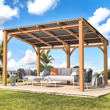 Mazonvintage 10' x 14' Wood Gazebo, Outdoor Heavy Duty Wooden Pergola on Clearance, Patio Lean to Mazonvintage Awnings
