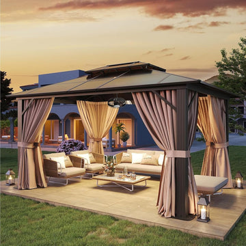Mazonvintage 10'x12' Hardtop Gazebo, Aluminum Frame Permanent Pavilion, Outdoor Polycarbonate Gazebo, Double Roof Canopy, and 20” Outdoor Fan Lights